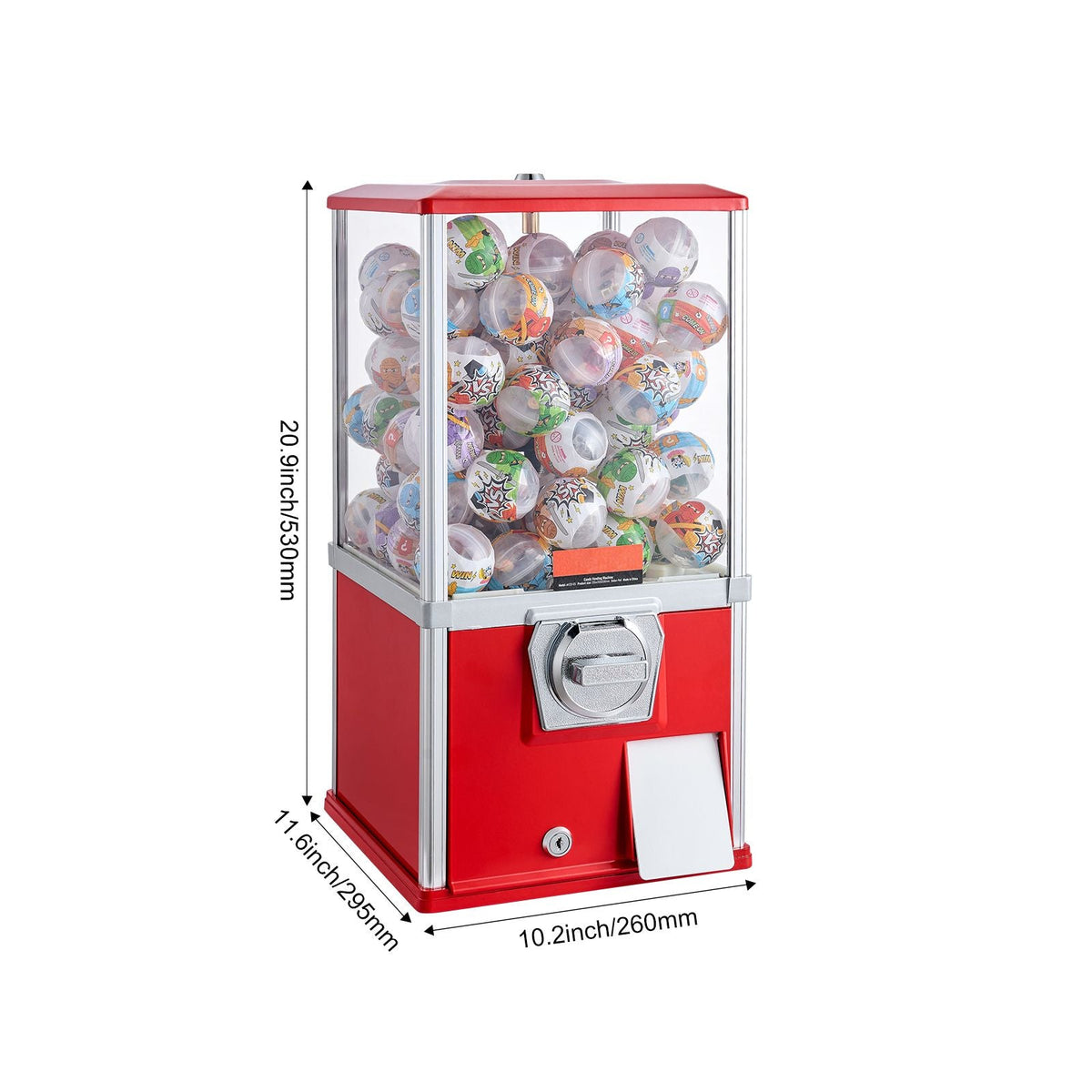 Gumball Machine for Kids, 21" Height Home Vending Machine, PS Bouncy Balls Dispenser, Hold 180 Capsule Toys, Rectangle Bubble Gum Machine for Game Stores, Coin Operated Gumball Bank, Red