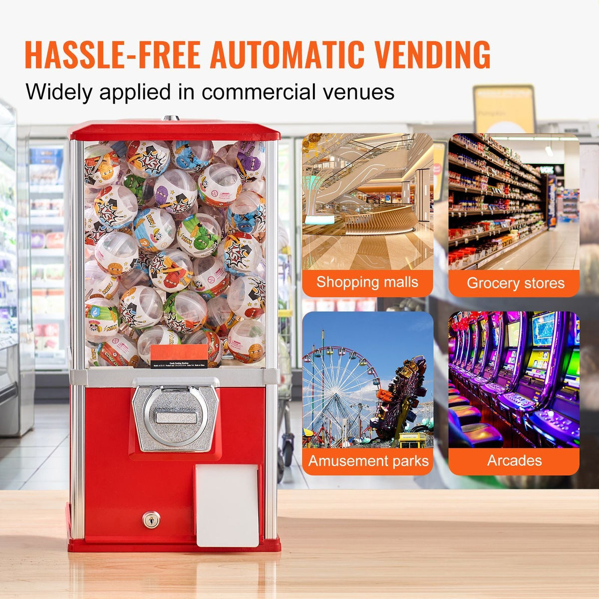 Gumball Machine for Kids, 21" Height Home Vending Machine, PS Bouncy Balls Dispenser, Hold 180 Capsule Toys, Rectangle Bubble Gum Machine for Game Stores, Coin Operated Gumball Bank, Red