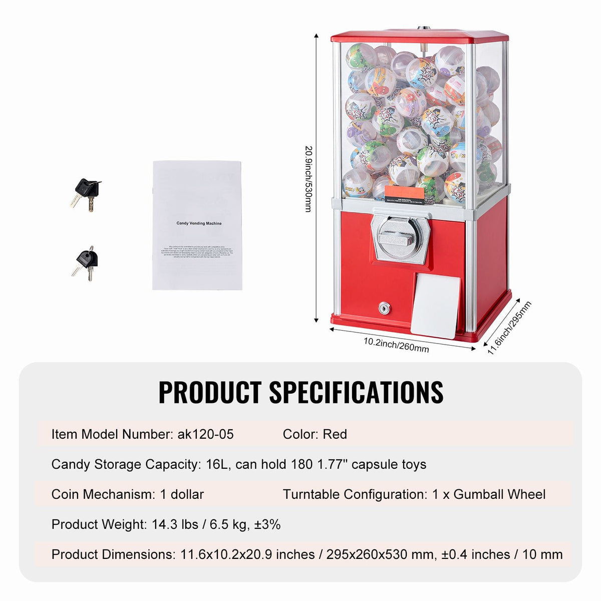 Gumball Machine for Kids, 21" Height Home Vending Machine, PS Bouncy Balls Dispenser, Hold 180 Capsule Toys, Rectangle Bubble Gum Machine for Game Stores, Coin Operated Gumball Bank, Red