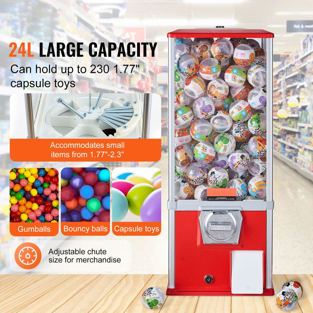 Gumball Machine for Kids, 25" Height Home Vending Machine, PS Bouncy Balls Dispenser, Hold 230 Capsule Toys, Rectangle Bubble Gum Machine for Game Stores, Coin Operated Gumball Bank, Red