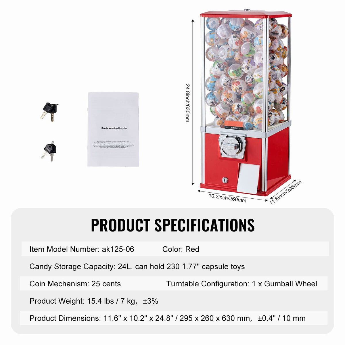 Gumball Machine for Kids, 25" Height Home Vending Machine, PS Bouncy Balls Dispenser, Hold 230 Capsule Toys, Rectangle Bubble Gum Machine for Game Stores, Coin Operated Gumball Bank, Red