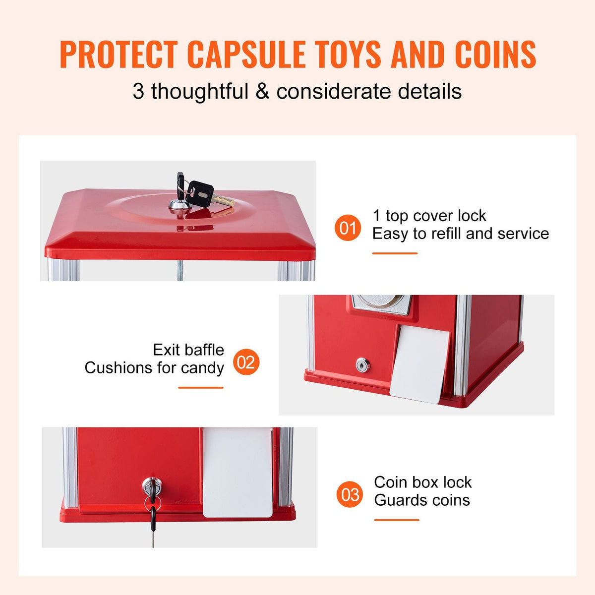 Gumball Machine for Kids, 25" Height Home Vending Machine, PS Bouncy Balls Dispenser, Hold 230 Capsule Toys, Rectangle Bubble Gum Machine for Game Stores, Coin Operated Gumball Bank, Red