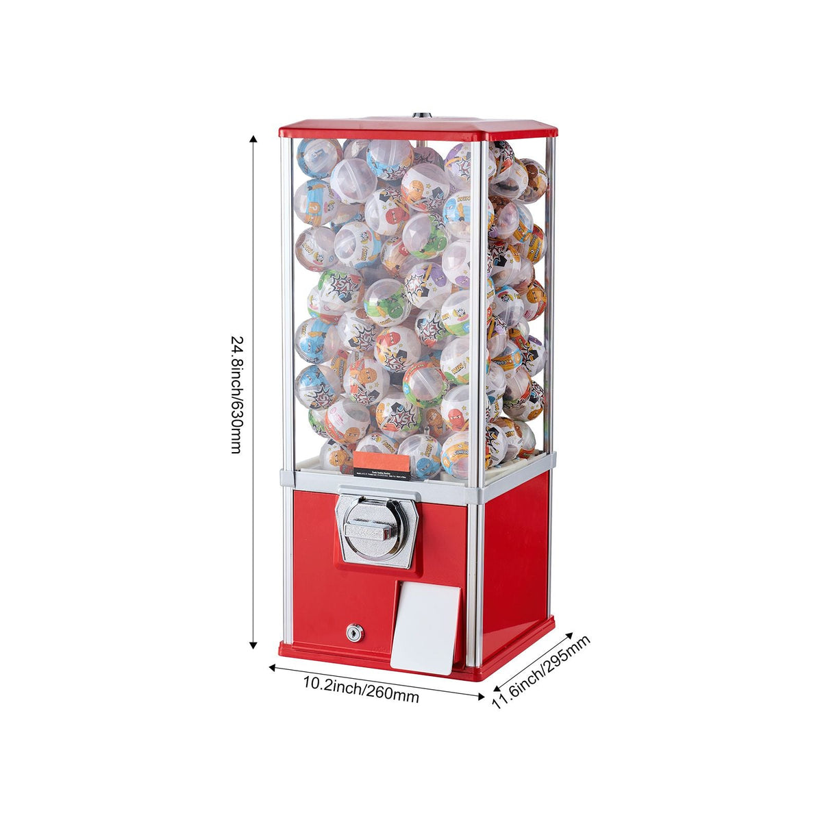 Gumball Machine for Kids, 25" Height Home Vending Machine, PS Bouncy Balls Dispenser, Hold 230 Capsule Toys, Rectangle Bubble Gum Machine for Game Stores, Coin Operated Gumball Bank, Red