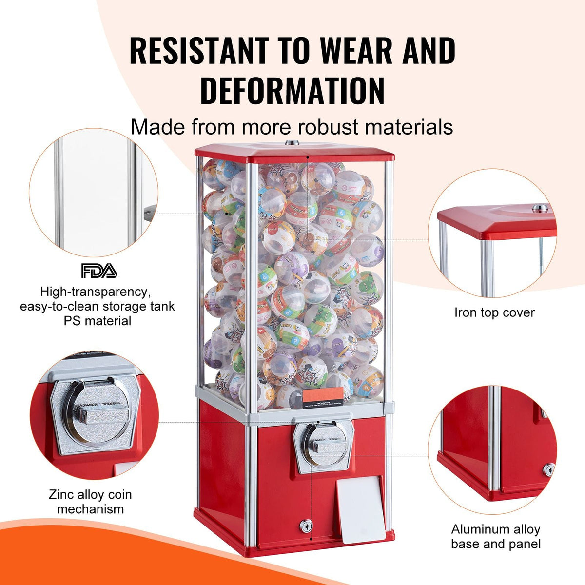 Gumball Machine for Kids, 25" Height Home Vending Machine, PS Bouncy Balls Dispenser, Hold 230 Capsule Toys, Rectangle Bubble Gum Machine for Game Stores, Coin Operated Gumball Bank, Red