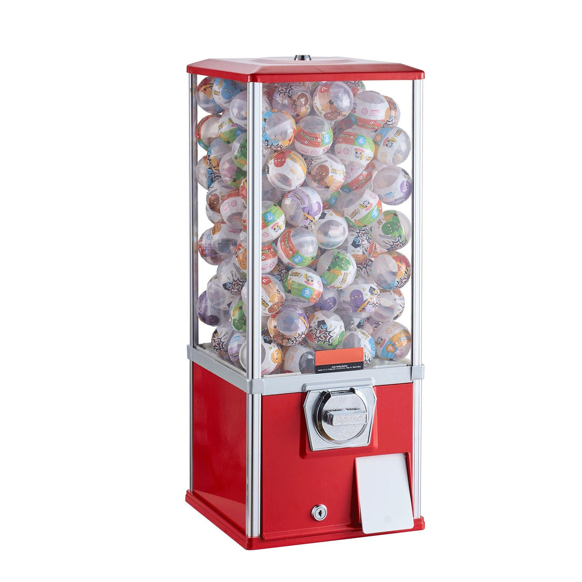 Gumball Machine for Kids, 25" Height Home Vending Machine, PS Bouncy Balls Dispenser, Hold 230 Capsule Toys, Rectangle Bubble Gum Machine for Game Stores, Coin Operated Gumball Bank, Red