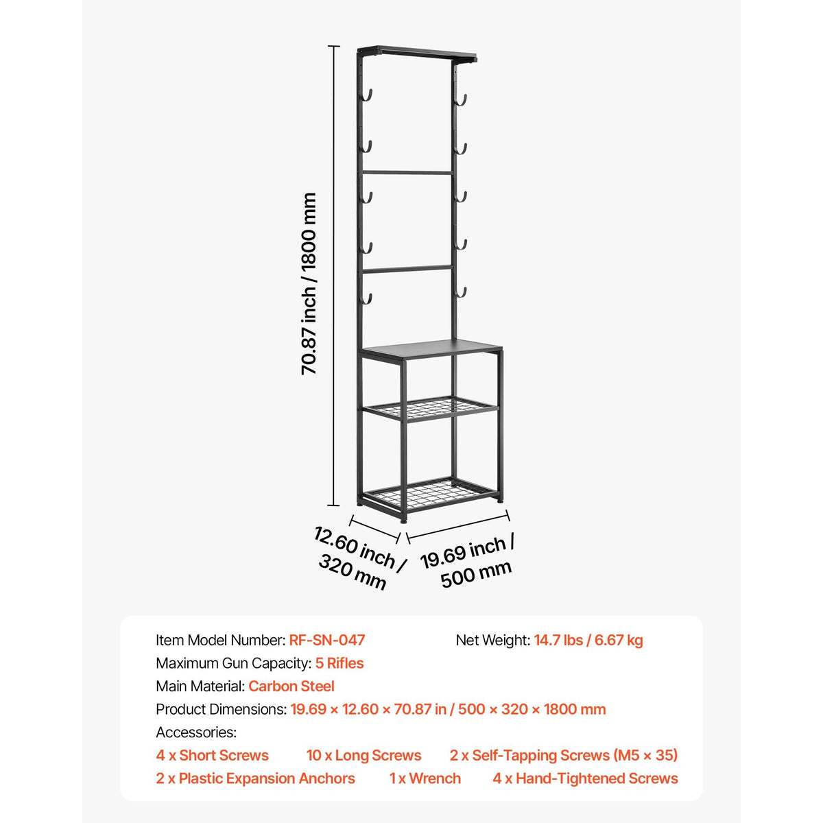 Gun Rack, Floor Standing, Indoor Rifle Shotgun Rack Stand with Storage Shelf, for Wall Mount Gun Display Stand, Holds up to 5 Rifles, Heavy Duty Steel, for Home Garage Hunting Long Guns Storage