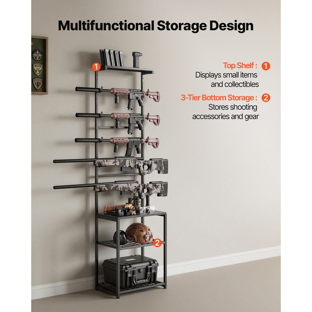 Gun Rack, Floor Standing, Indoor Rifle Shotgun Rack Stand with Storage Shelf, for Wall Mount Gun Display Stand, Holds up to 5 Rifles, Heavy Duty Steel, for Home Garage Hunting Long Guns Storage