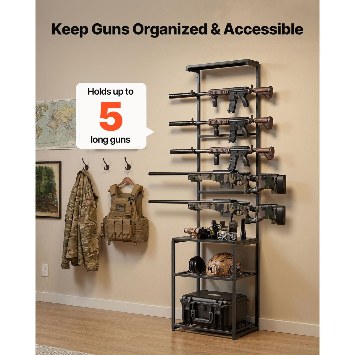 Gun Rack, Floor Standing, Indoor Rifle Shotgun Rack Stand with Storage Shelf, for Wall Mount Gun Display Stand, Holds up to 5 Rifles, Heavy Duty Steel, for Home Garage Hunting Long Guns Storage