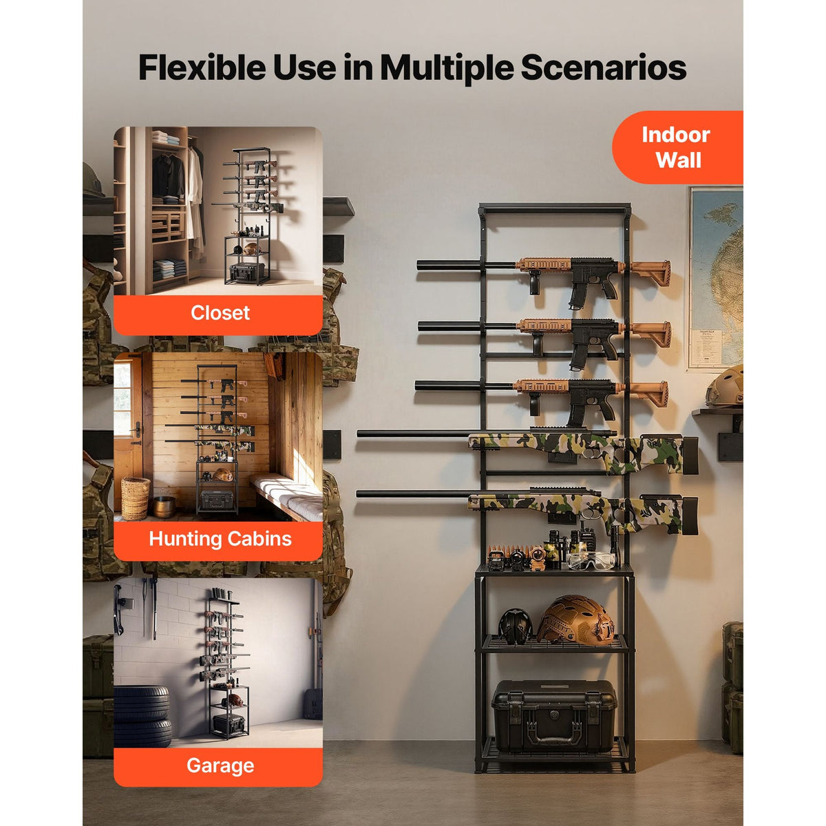 Gun Rack, Floor Standing, Indoor Rifle Shotgun Rack Stand with Storage Shelf, for Wall Mount Gun Display Stand, Holds up to 5 Rifles, Heavy Duty Steel, for Home Garage Hunting Long Guns Storage