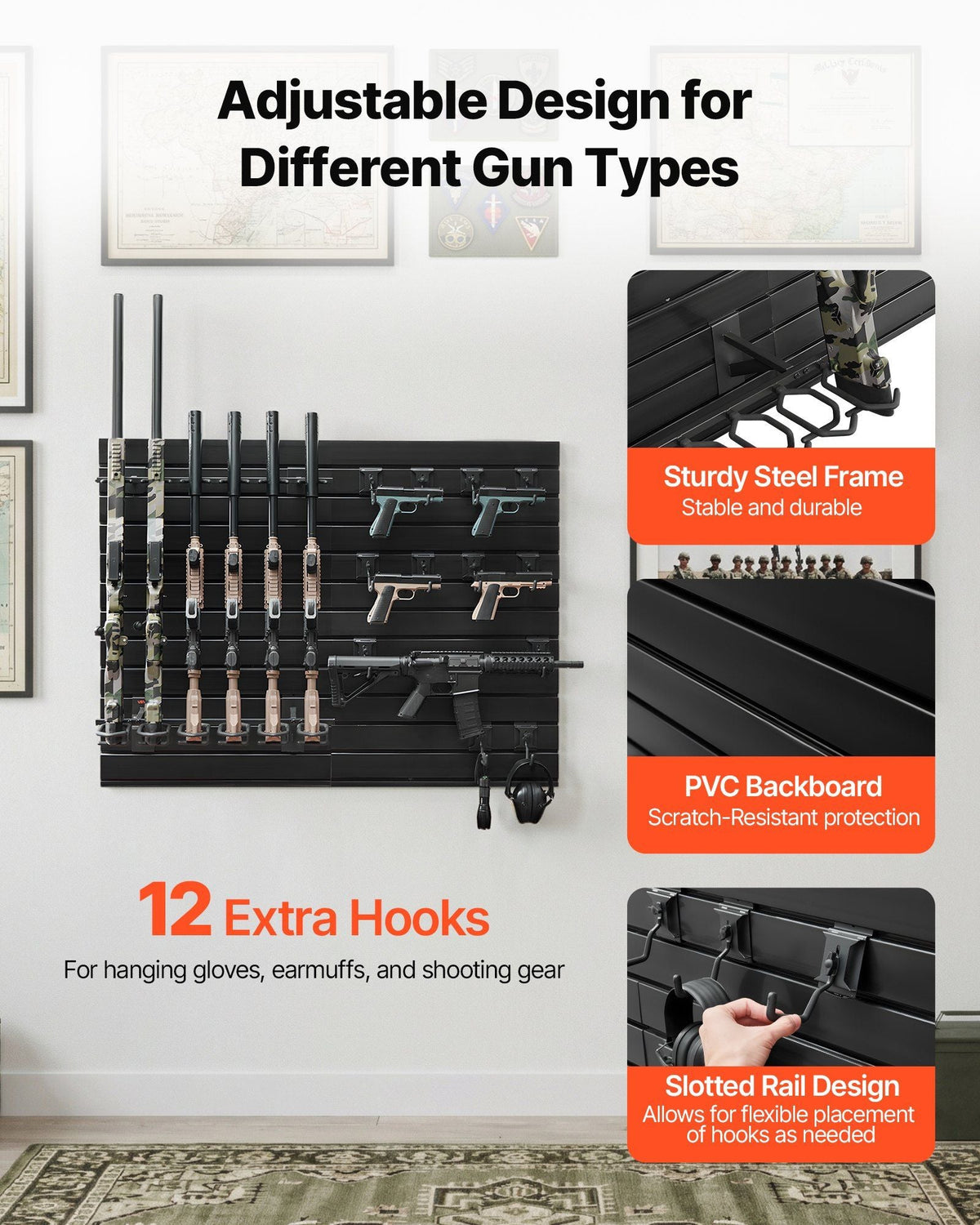 Gun Rack, Wall Mount, Heavy-Duty Steel Tactical Rifle Carbine Shotgun Handgun Storage Rack, Securely Holds up to 6 Rifles and 6 Pistols, Modular Firearms Gun Wall Gear Accessories Organizer