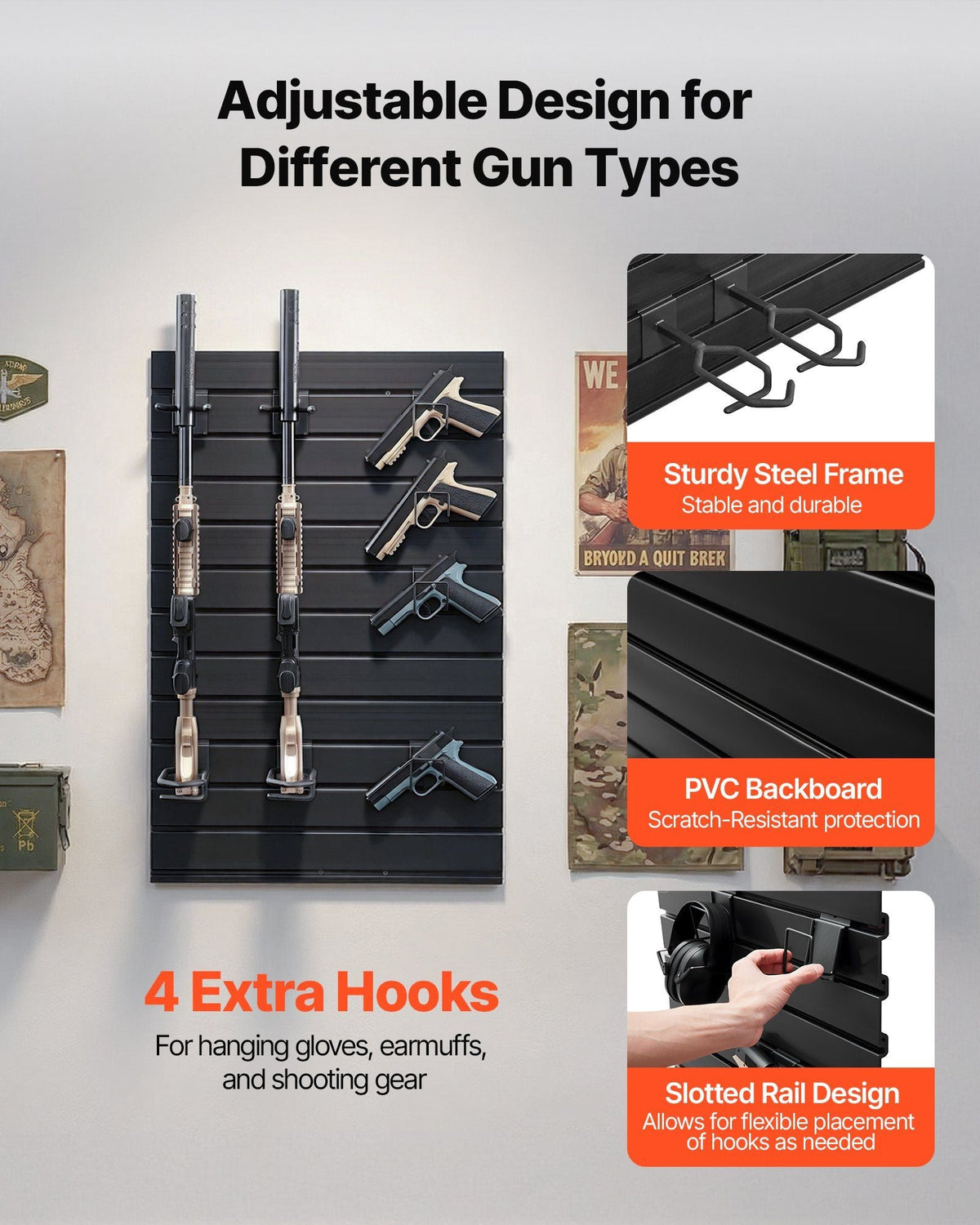 Gun Rack, Wall Mount, Tactical Rifle Shotgun Handgun Storage, Heavy-Duty PVC Panels & Steel Wall Racks, Securely Holds up to 2 Rifles & 4 Pistols, Modular Firearms Gun Gear Accessories Organizer