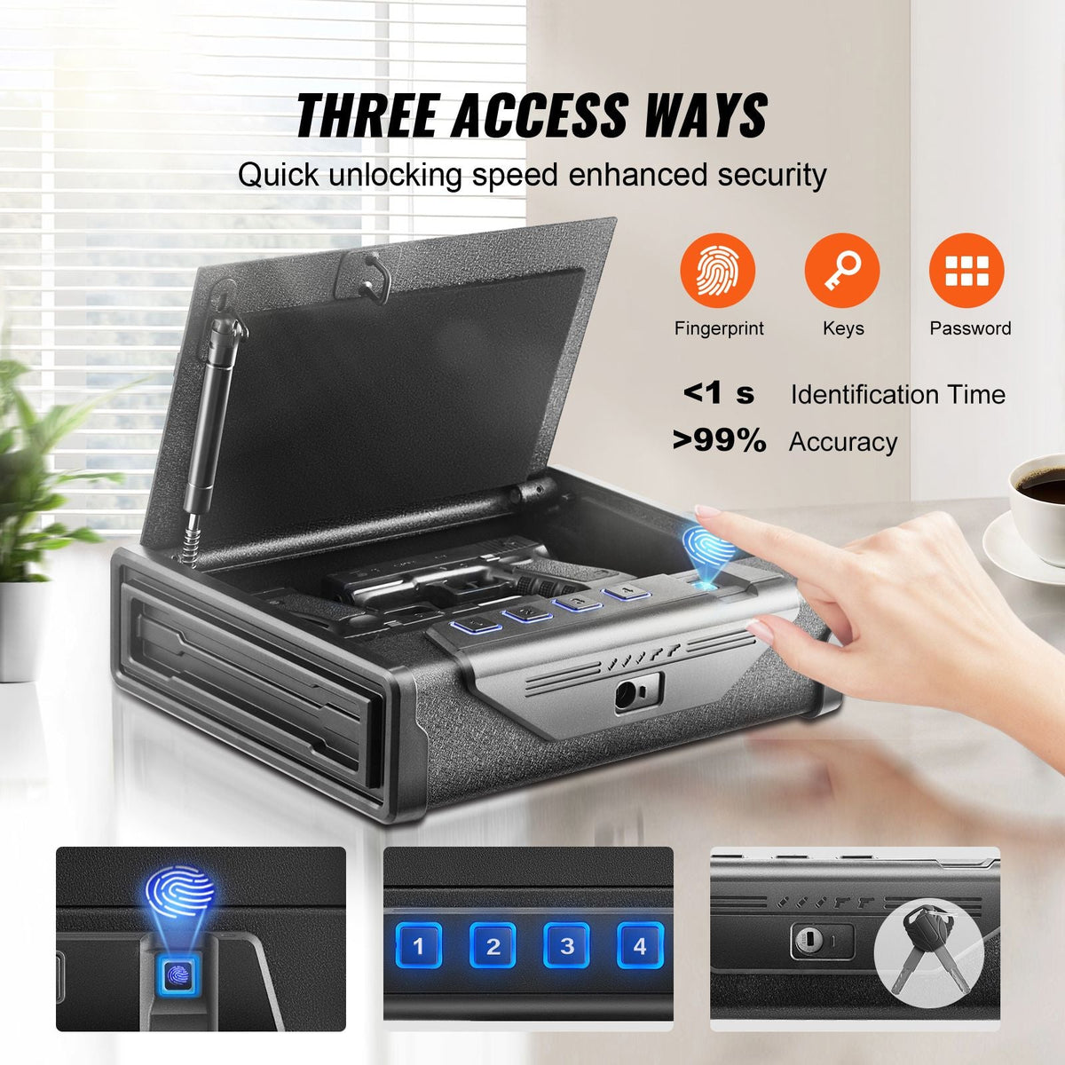 Gun Safe for Pistols, Biometric Gun Safe with Three Quick Access Ways of Fingerprints, Passwords and Keys, Handgun Safe for 2 Pistols for Home, Bedside, Nightstand, Car