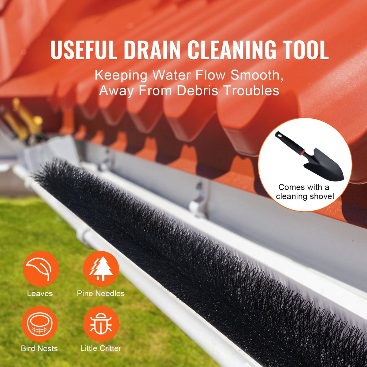Gutter Brush, 15 Feet Total Length 4.33 inch Diameter Gutter Cleaning Tools, Ground-Level Gutter Brush Leaf Guard for 5 Inch Gutters, Easily Clear roof Leaves and Debris, 5 Pack
