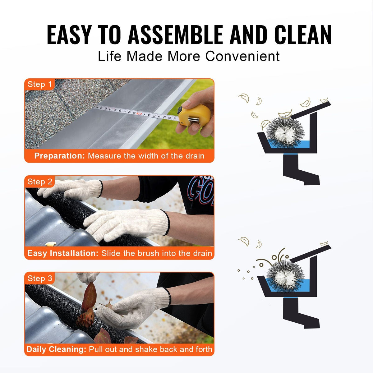 Gutter Brush, 30 Feet Total Length 4.33 inch Diameter Gutter Cleaning Tools, Ground-Level Gutter Brush Leaf Guard for 5 Inch Gutters, Easily Clear roof Leaves and Debris, 10 Pack