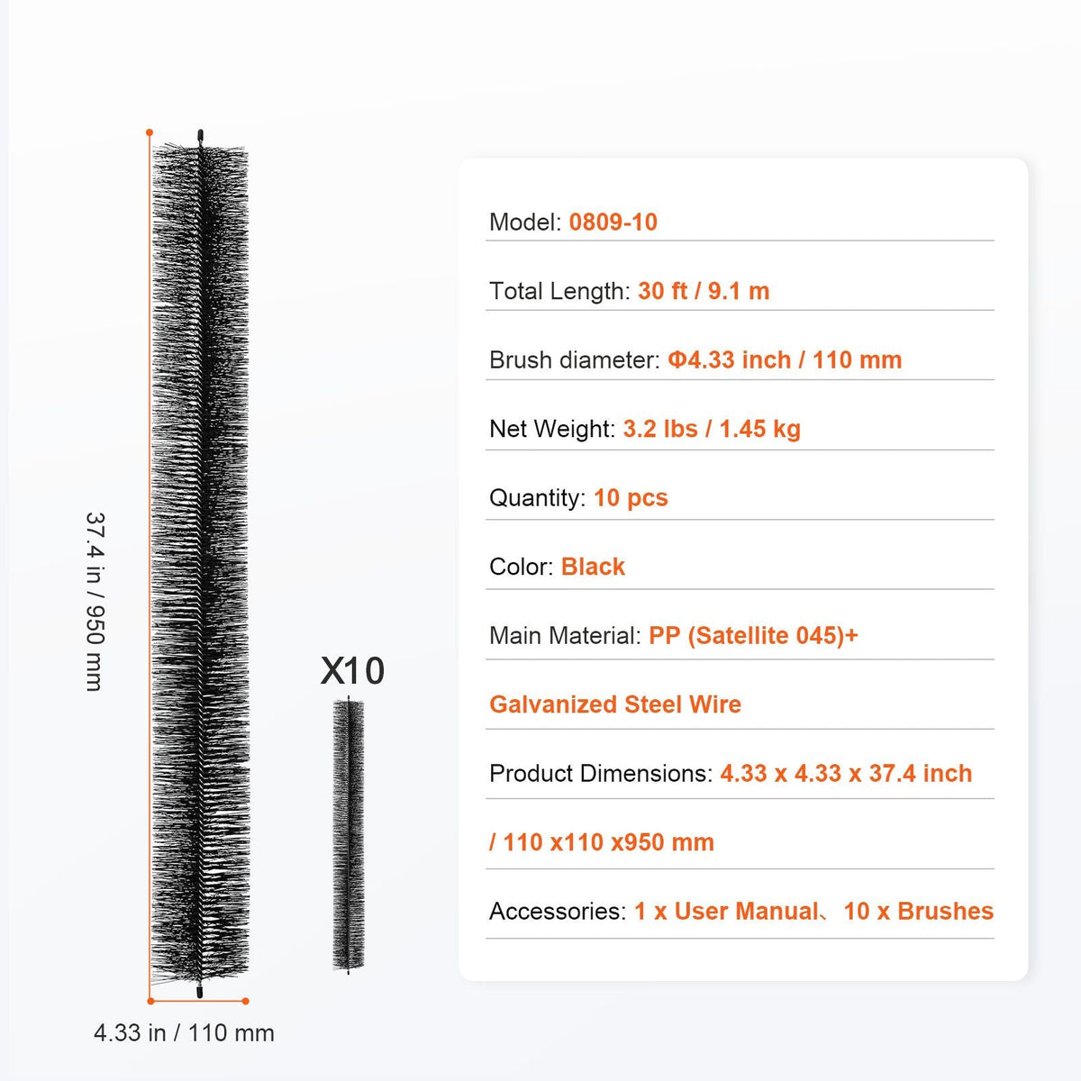 Gutter Brush, 30 Feet Total Length 4.33 inch Diameter Gutter Cleaning Tools, Ground-Level Gutter Brush Leaf Guard for 5 Inch Gutters, Easily Clear roof Leaves and Debris, 10 Pack