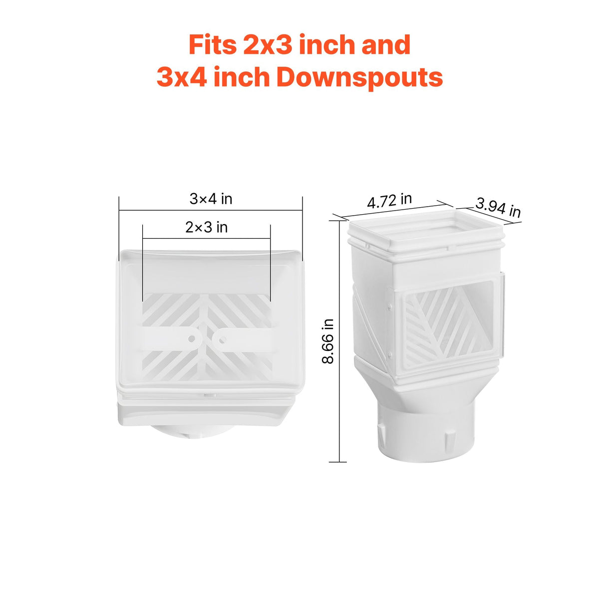 Gutter Downspouts, Downspout Diverter Rainwater Collection System Fits for 2x3 or 3x4 Inch Standard Inlet and Φ4inch Outlet, Flexible Rain Water Barrel Kit with Mesh Screen & Transparent, White