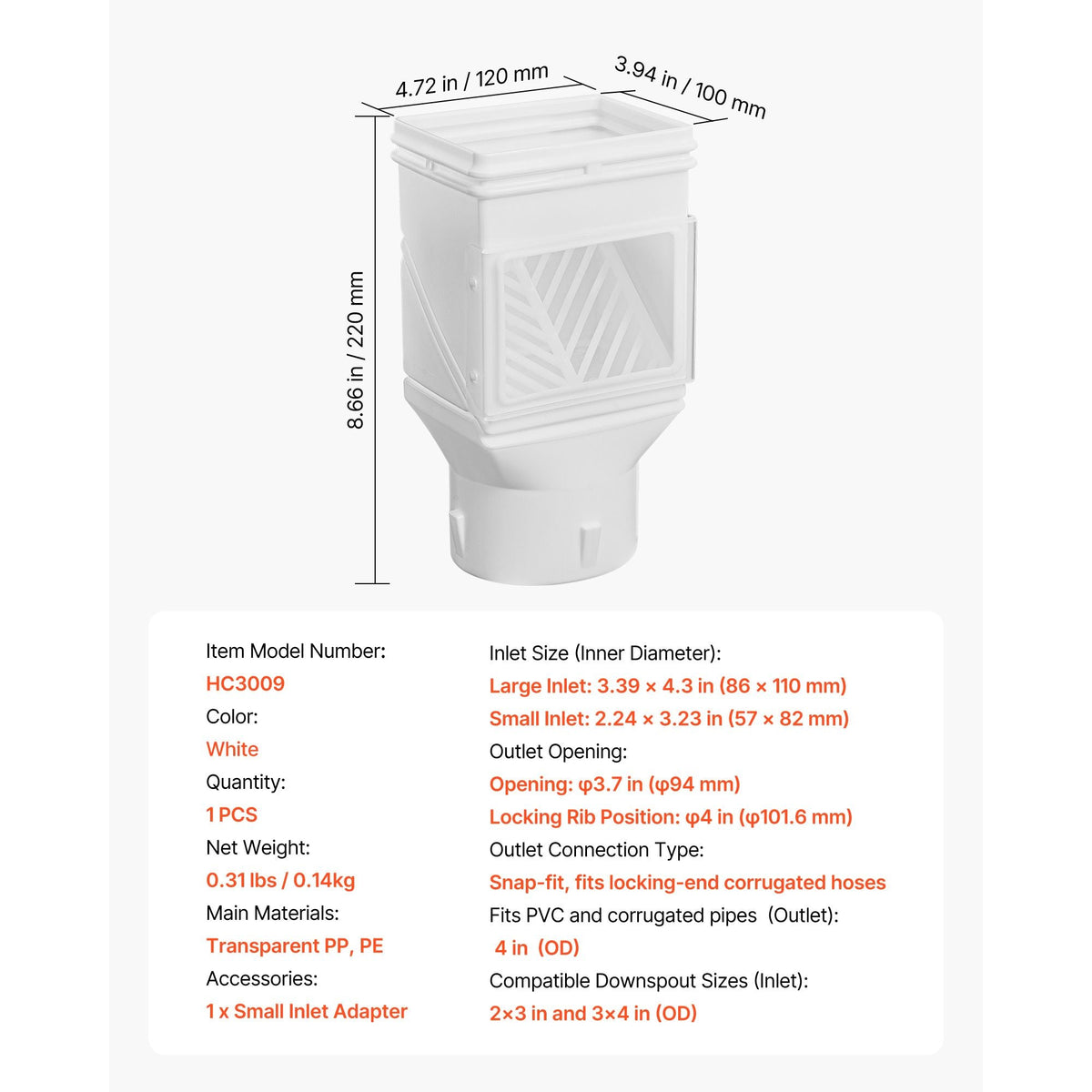 Gutter Downspouts, Downspout Diverter Rainwater Collection System Fits for 2x3 or 3x4 Inch Standard Inlet and Φ4inch Outlet, Flexible Rain Water Barrel Kit with Mesh Screen & Transparent, White