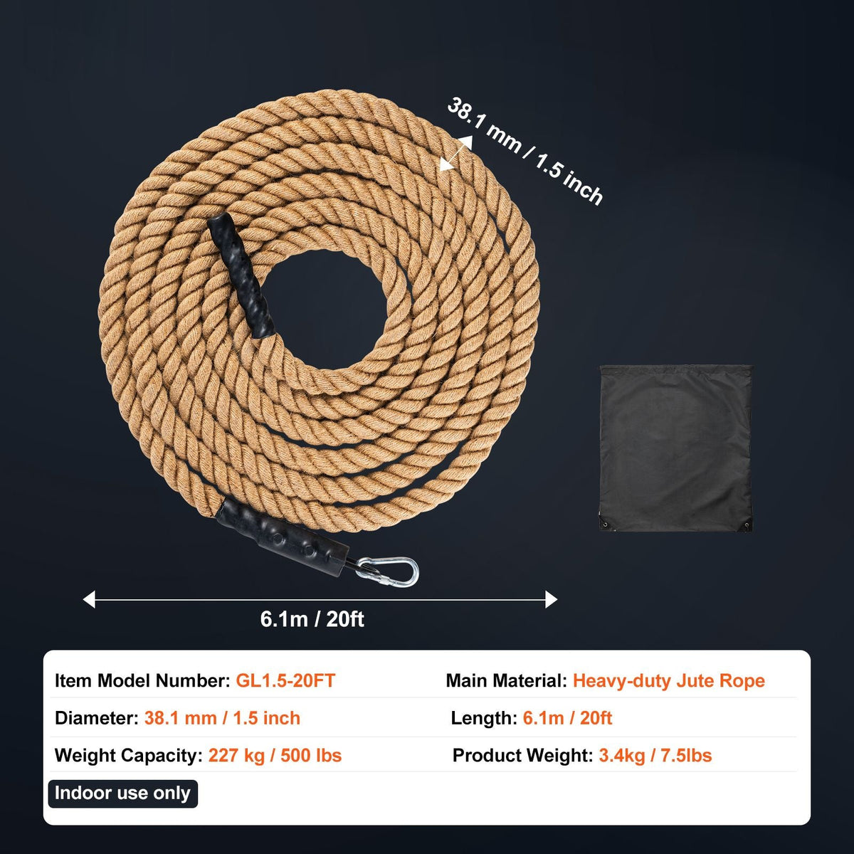 Gym Climbing Rope, 1.5" Diameter 20 ft Length Gym Fitness Training Rope, Gym Exercise Workout Rope for Adults, Climbing Rope for Fitness and Strength Training, Climbing Exercise, Home Workout