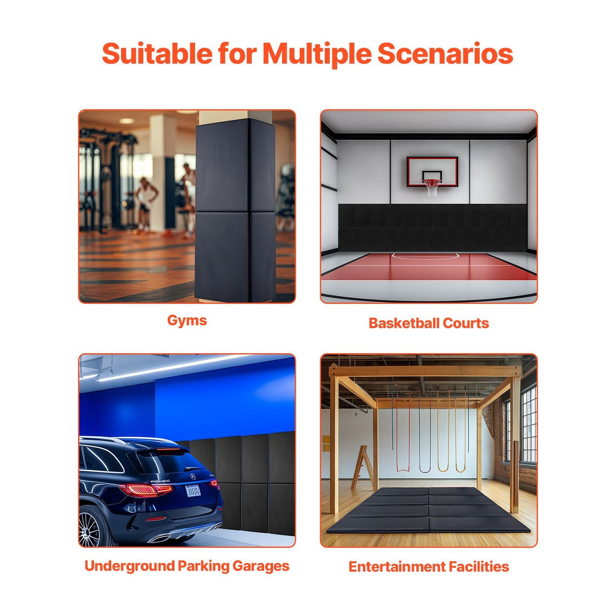 Gym Wall Padding, 60 x 20 x 2 inch Tear-Resistant Wall Mat, Removable 2" Thick Foam High Density Basketball Court Wall-Mounted Padding, Durable Waterproof Protective Pad for Gym Garage Basement