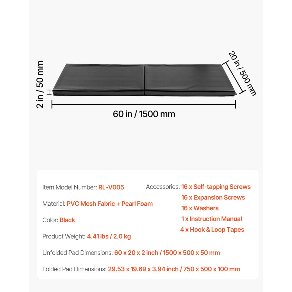 Gym Wall Padding, 60 x 20 x 2 inch Tear-Resistant Wall Mat, Removable 2" Thick Foam High Density Basketball Court Wall-Mounted Padding, Durable Waterproof Protective Pad for Gym Garage Basement