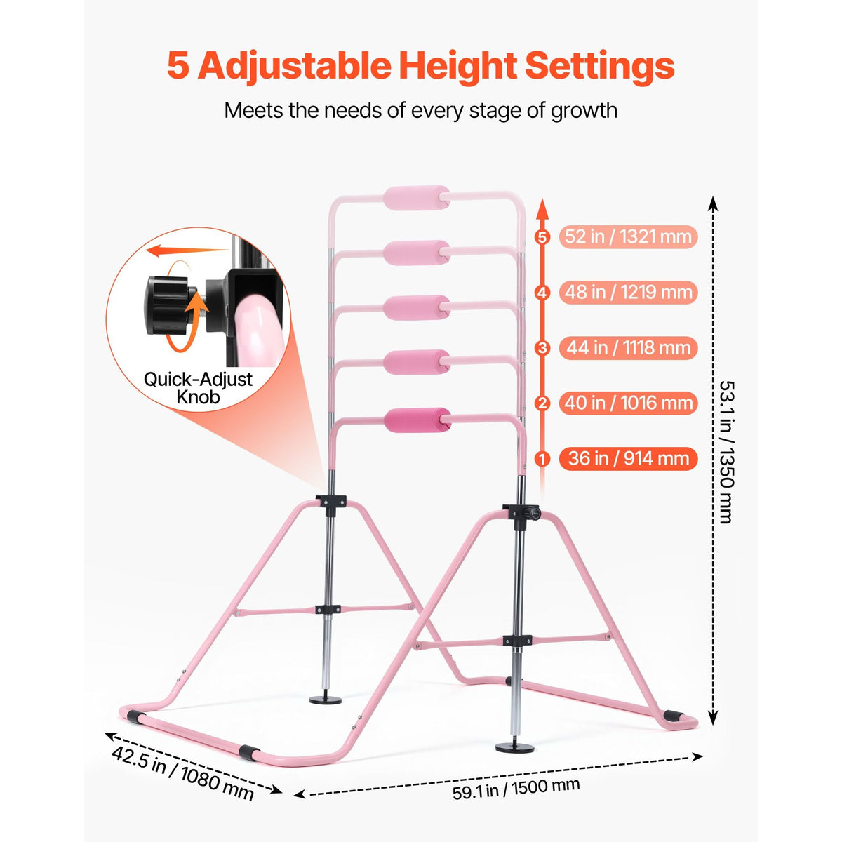 Gymnastic Bars for Kids, 140 lbs Capacity Folding Training Kip Bar, Adjustable Height Gymnastic Horizontal Bar for Home, Training Equipment for Indoor and Outdoor, Easy to Assemble, Pink