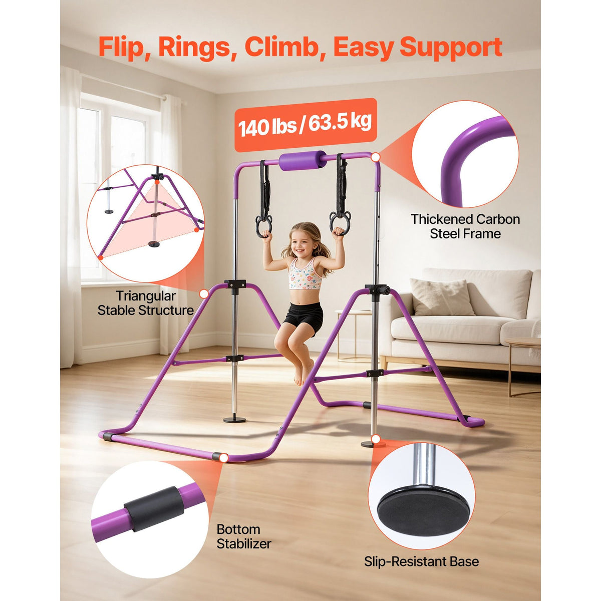 Gymnastic Bars for Kids, 140 lbs Capacity Folding Training Kip Bar, Adjustable Height Gymnastic Horizontal Bar for Home, Training Equipment for Indoor and Outdoor, Easy to Assemble, Purple