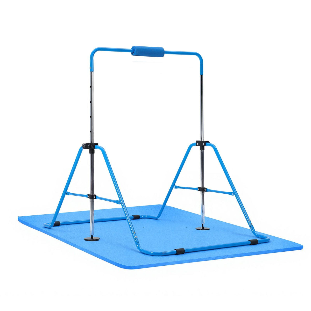 Gymnastic Bars for Kids, 140 lbs Capacity Folding Training Kip Bar with Mat, Adjustable Height Gymnastic Horizontal Bar for Home, Training Equipment for Indoor Outdoor, Easy to Assemble, Blue