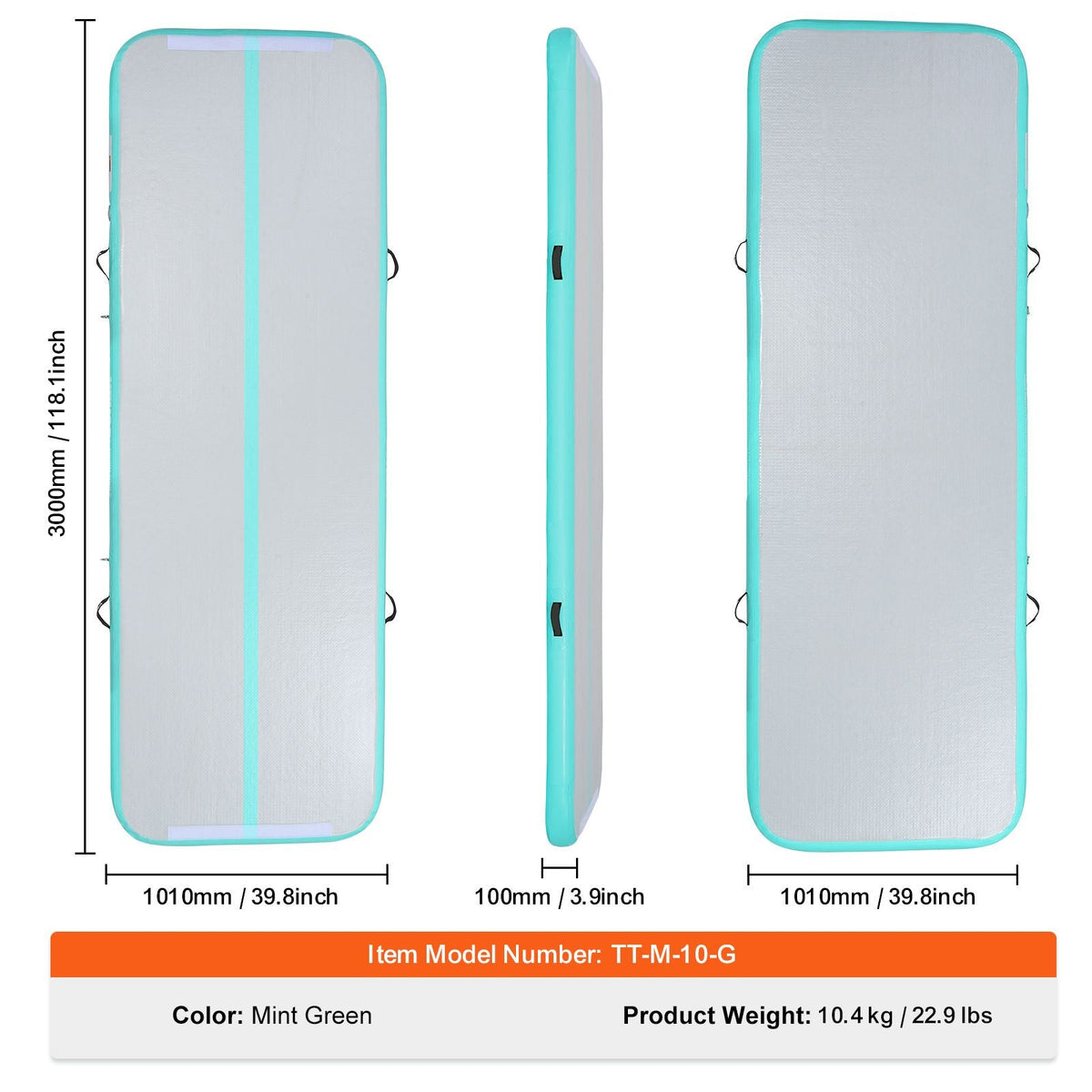 Gymnastics Air Mat, 4 inch Thickness Inflatable Gymnastics Tumbling Mat, Tumble Track with Electric Pump, Training Mats for Home Use/Gym/Yoga/Cheerleading/Beach/Park/Water, 10 ft, Mint Green