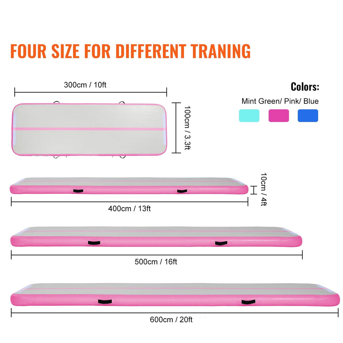 Gymnastics Air Mat, 4 inch Thickness Inflatable Gymnastics Tumbling Mat, Tumble Track with Electric Pump, Training Mats for Home Use/Gym/Yoga/Cheerleading/Beach/Park/Water, 10 ft, Pink