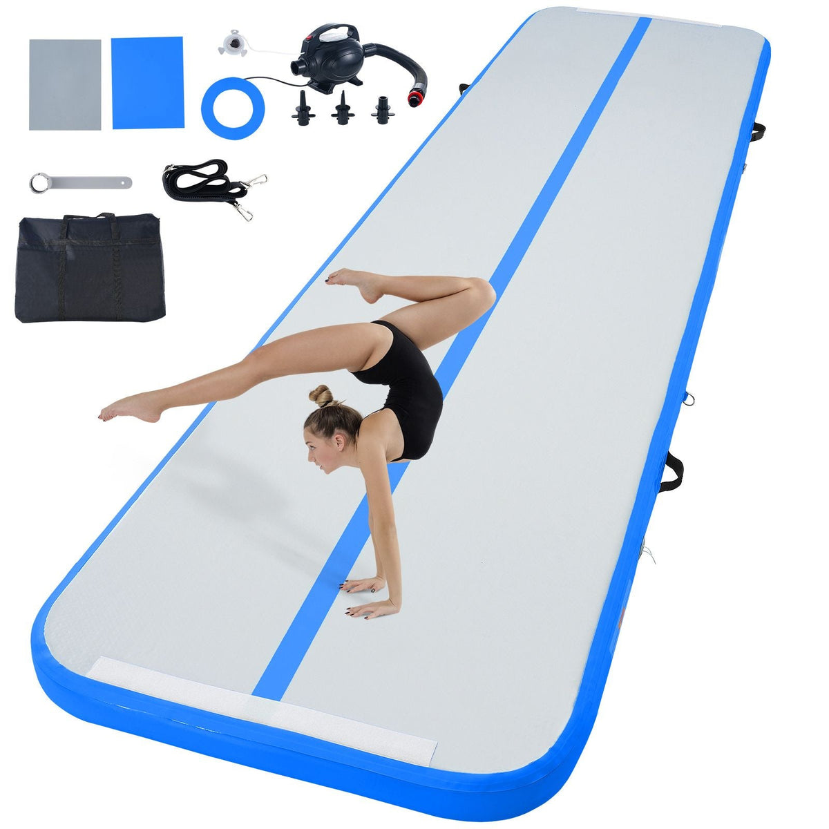 Gymnastics Air Mat, 4 inch Thickness Inflatable Gymnastics Tumbling Mat, Tumble Track with Electric Pump, Training Mats for Home Use/Gym/Yoga/Cheerleading/Beach/Park/Water, 13 ft, Blue