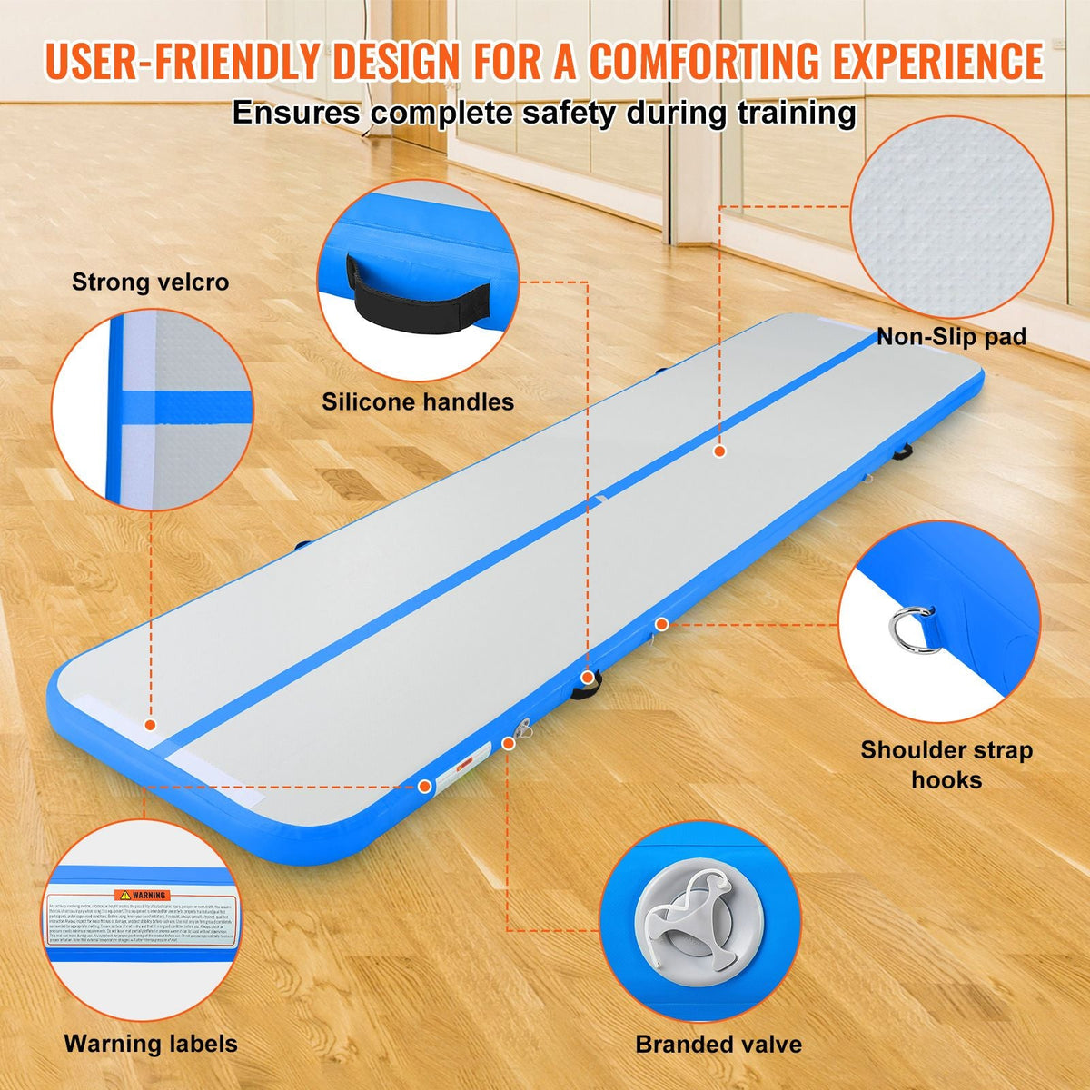 Gymnastics Air Mat, 4 inch Thickness Inflatable Gymnastics Tumbling Mat, Tumble Track with Electric Pump, Training Mats for Home Use/Gym/Yoga/Cheerleading/Beach/Park/Water, 13 ft, Blue