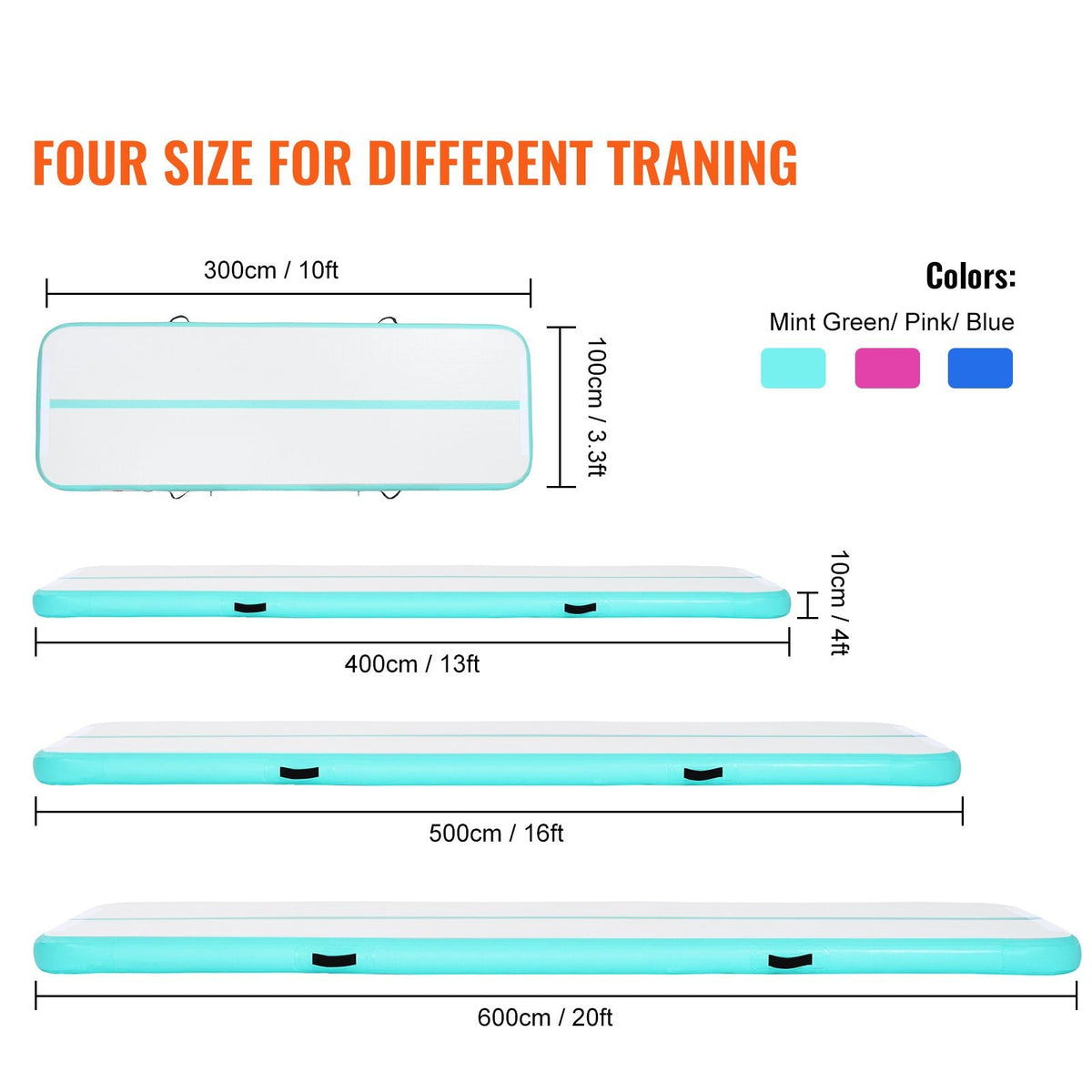 Gymnastics Air Mat, 4 inch Thickness Inflatable Gymnastics Tumbling Mat, Tumble Track with Electric Pump, Training Mats for Home Use/Gym/Yoga/Cheerleading/Beach/Park/Water, 13 ft, Mint Green