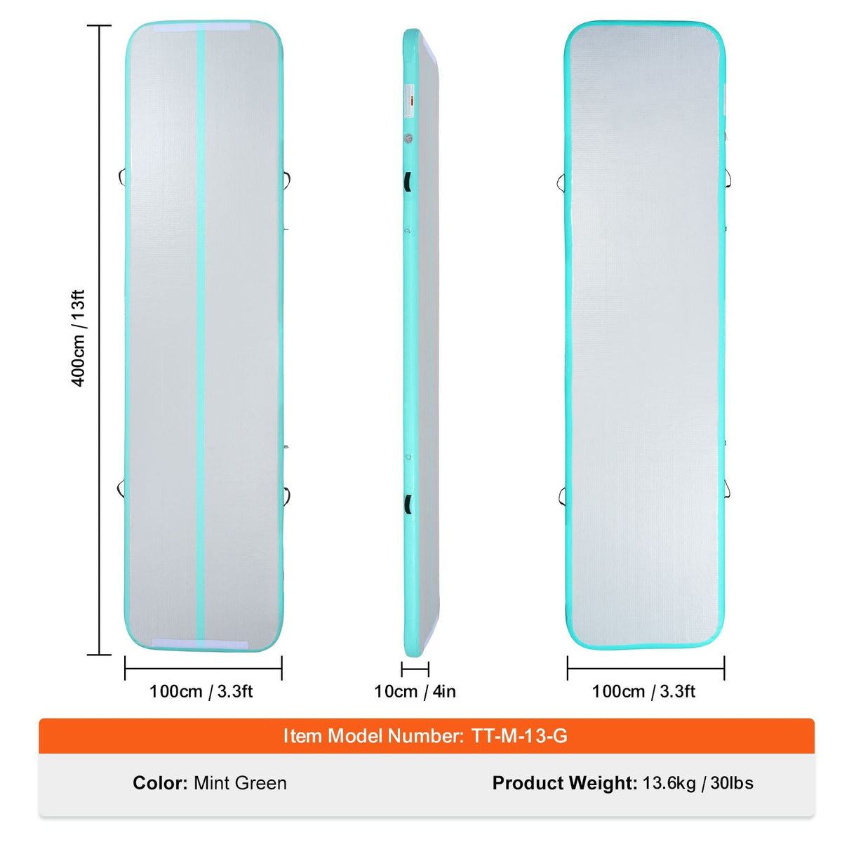 Gymnastics Air Mat, 4 inch Thickness Inflatable Gymnastics Tumbling Mat, Tumble Track with Electric Pump, Training Mats for Home Use/Gym/Yoga/Cheerleading/Beach/Park/Water, 13 ft, Mint Green