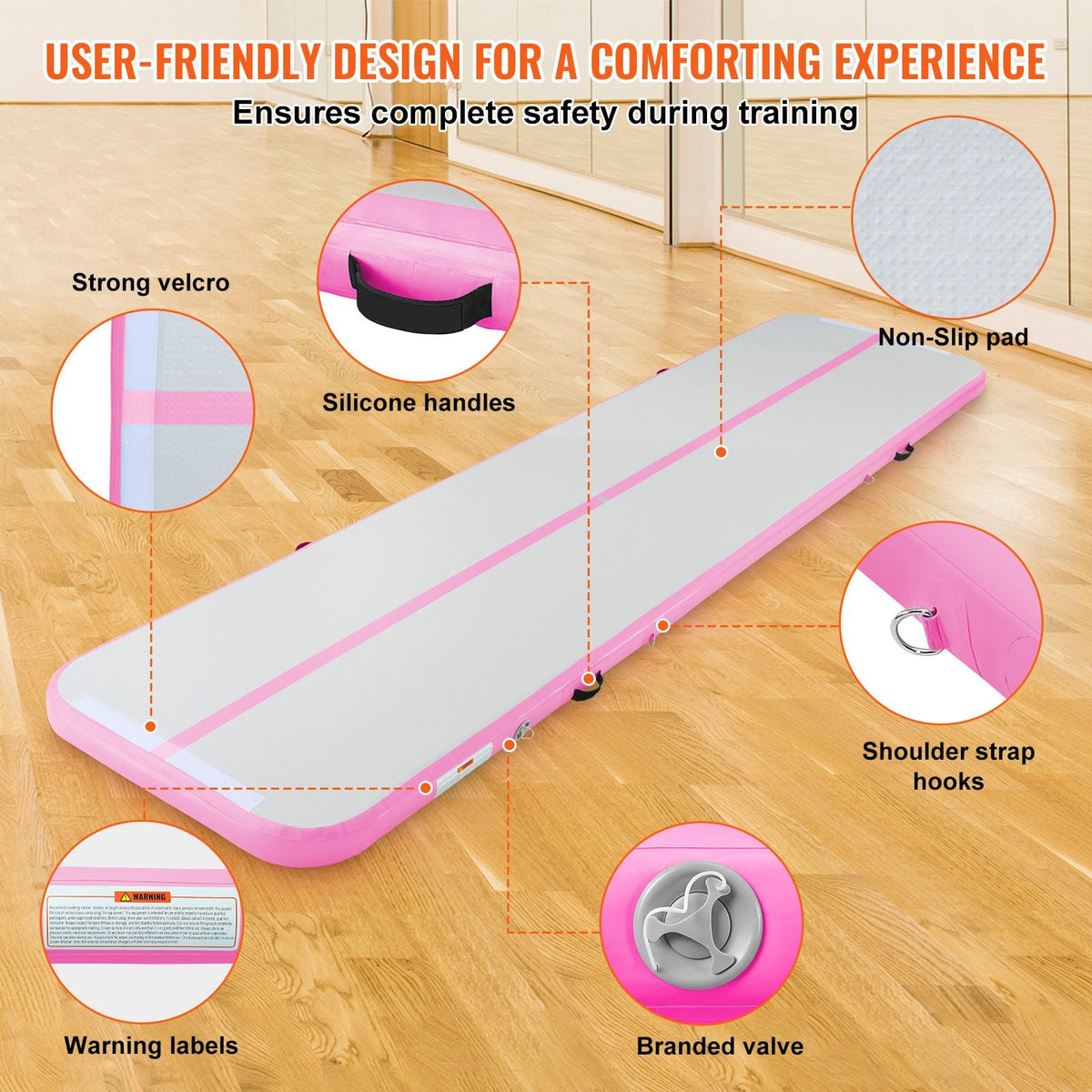 Gymnastics Air Mat, 4 inch Thickness Inflatable Gymnastics Tumbling Mat, Tumble Track with Electric Pump, Training Mats for Home Use/Gym/Yoga/Cheerleading/Beach/Park/Water, 13 ft, Pink