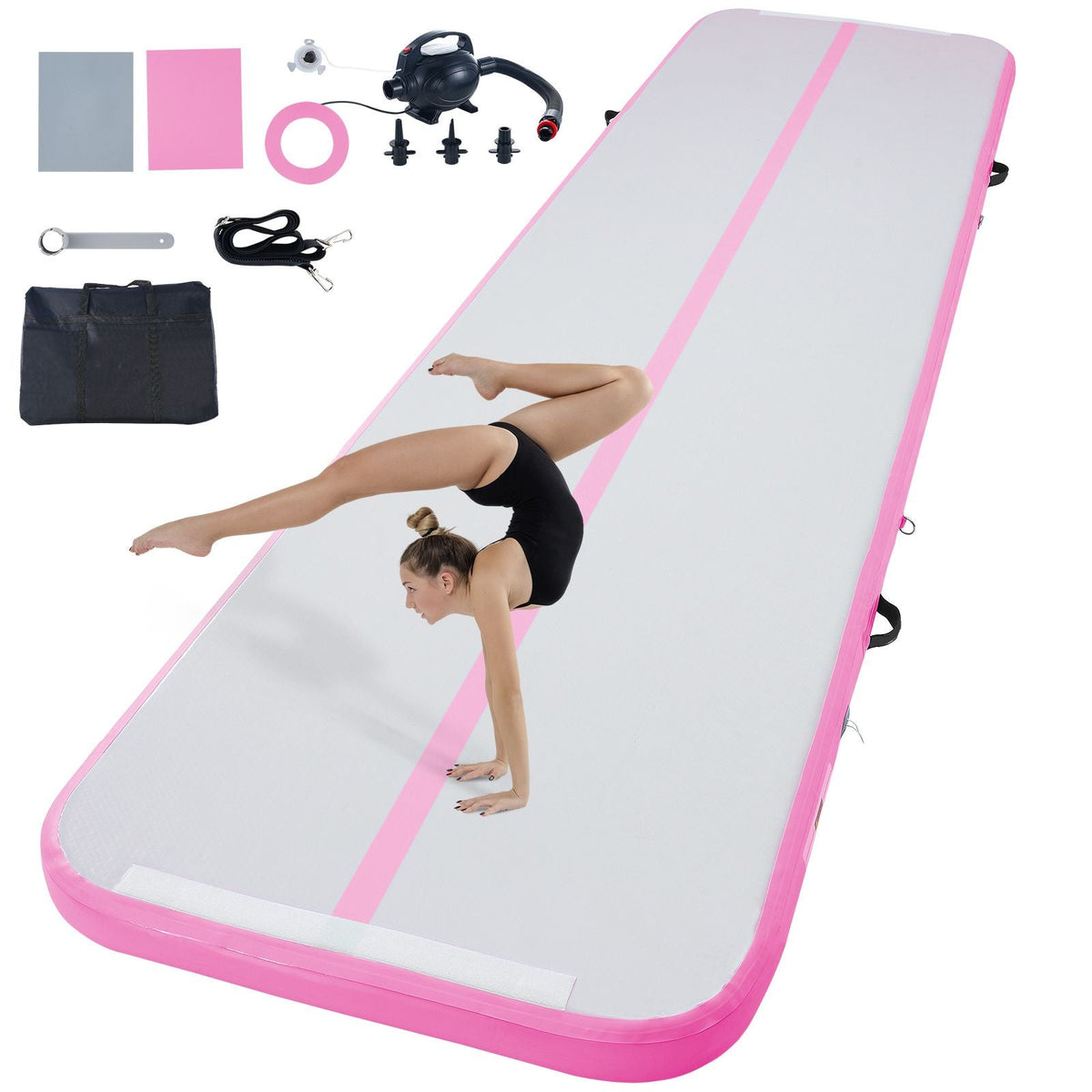 Gymnastics Air Mat, 4 inch Thickness Inflatable Gymnastics Tumbling Mat, Tumble Track with Electric Pump, Training Mats for Home Use/Gym/Yoga/Cheerleading/Beach/Park/Water, 13 ft, Pink
