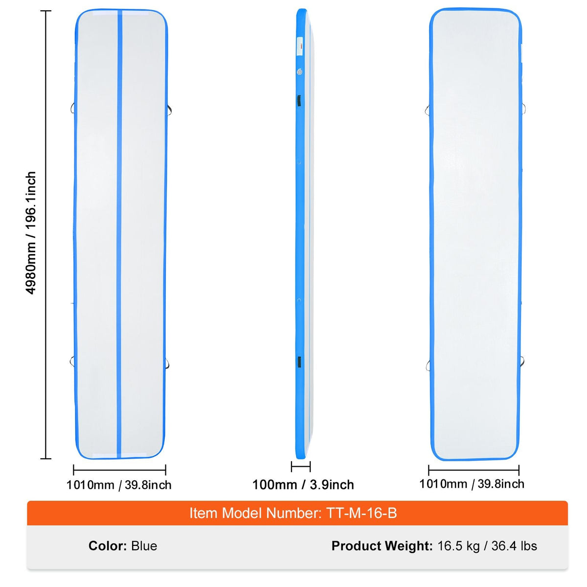Gymnastics Air Mat, 4 inch Thickness Inflatable Gymnastics Tumbling Mat, Tumble Track with Electric Pump, Training Mats for Home Use/Gym/Yoga/Cheerleading/Beach/Park/Water, 16 ft, Blue
