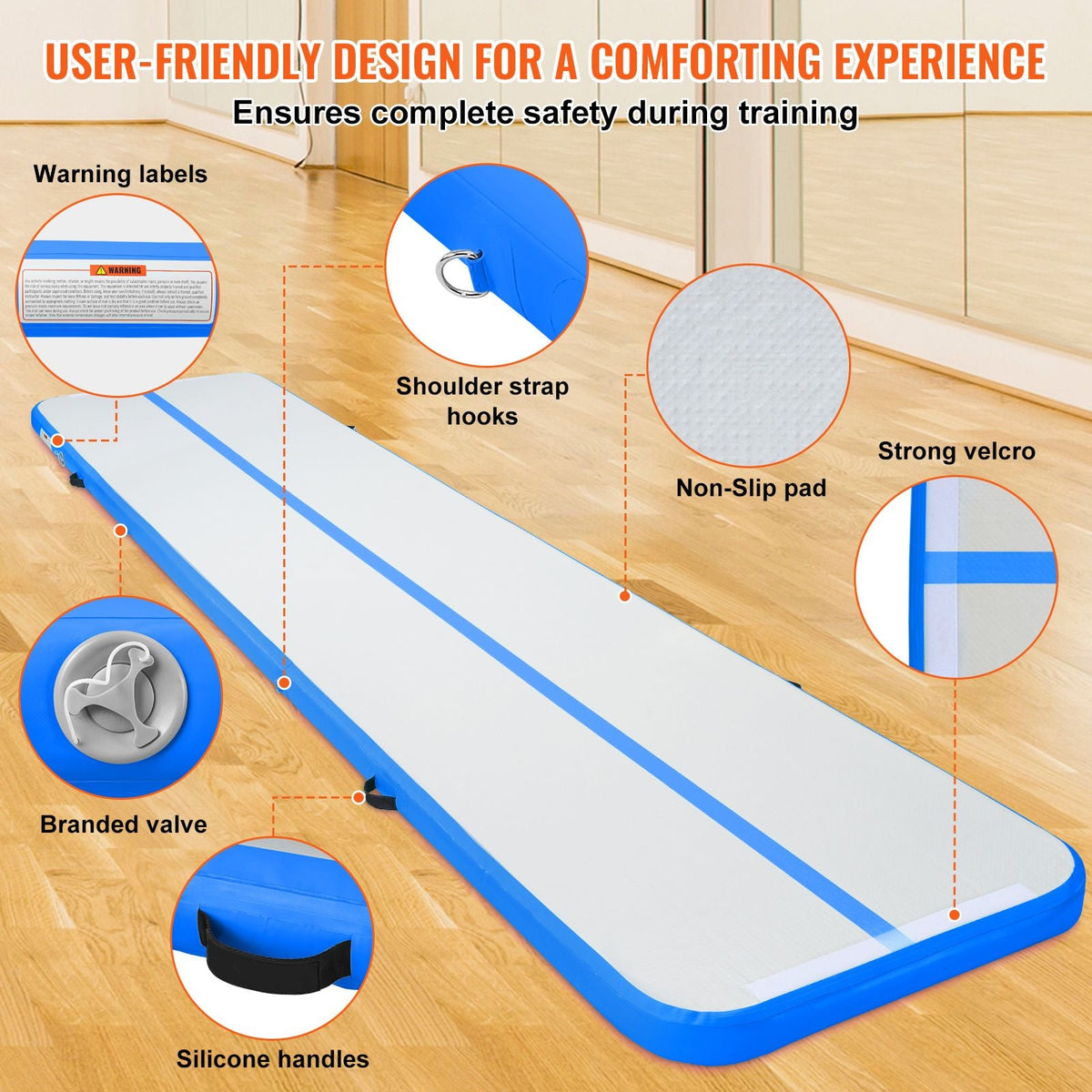 Gymnastics Air Mat, 4 inch Thickness Inflatable Gymnastics Tumbling Mat, Tumble Track with Electric Pump, Training Mats for Home Use/Gym/Yoga/Cheerleading/Beach/Park/Water, 16 ft, Blue