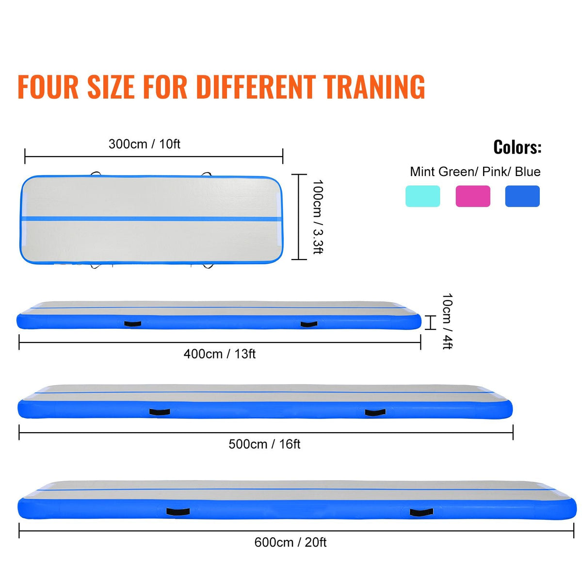 Gymnastics Air Mat, 4 inch Thickness Inflatable Gymnastics Tumbling Mat, Tumble Track with Electric Pump, Training Mats for Home Use/Gym/Yoga/Cheerleading/Beach/Park/Water, 16 ft, Blue