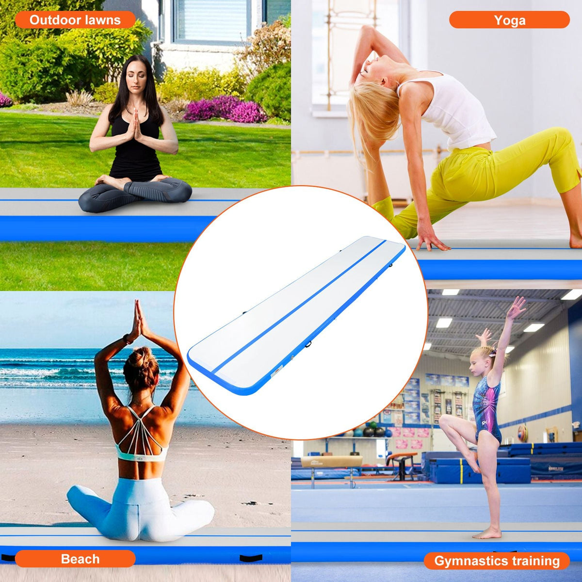 Gymnastics Air Mat, 4 inch Thickness Inflatable Gymnastics Tumbling Mat, Tumble Track with Electric Pump, Training Mats for Home Use/Gym/Yoga/Cheerleading/Beach/Park/Water, 16 ft, Blue