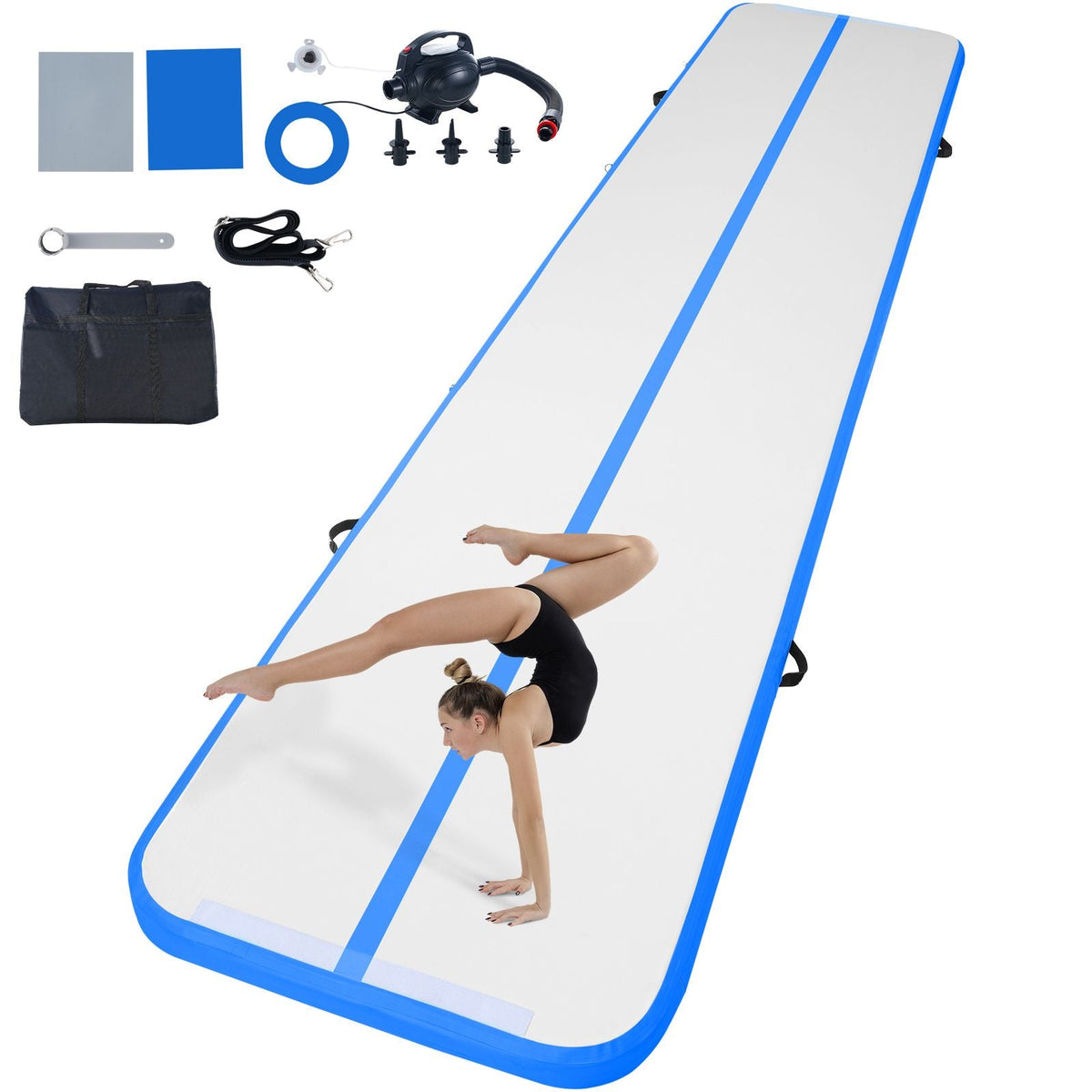 Gymnastics Air Mat, 4 inch Thickness Inflatable Gymnastics Tumbling Mat, Tumble Track with Electric Pump, Training Mats for Home Use/Gym/Yoga/Cheerleading/Beach/Park/Water, 16 ft, Blue