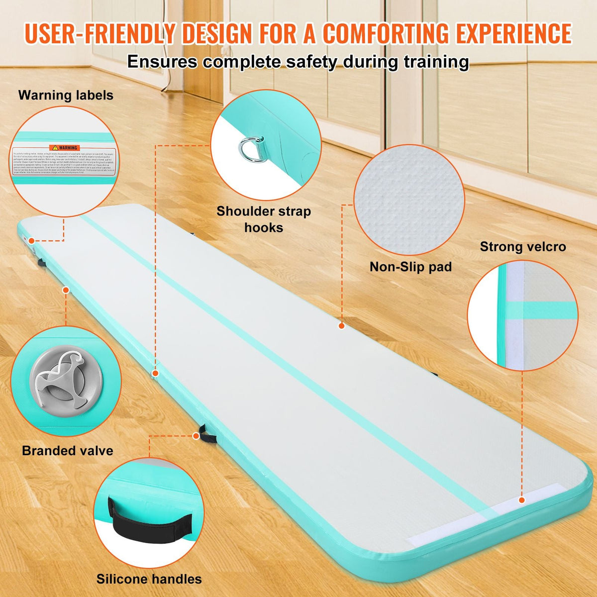 Gymnastics Air Mat, 4 inch Thickness Inflatable Gymnastics Tumbling Mat, Tumble Track with Electric Pump, Training Mats for Home Use/Gym/Yoga/Cheerleading/Beach/Park/Water, 16 ft, Mint Green