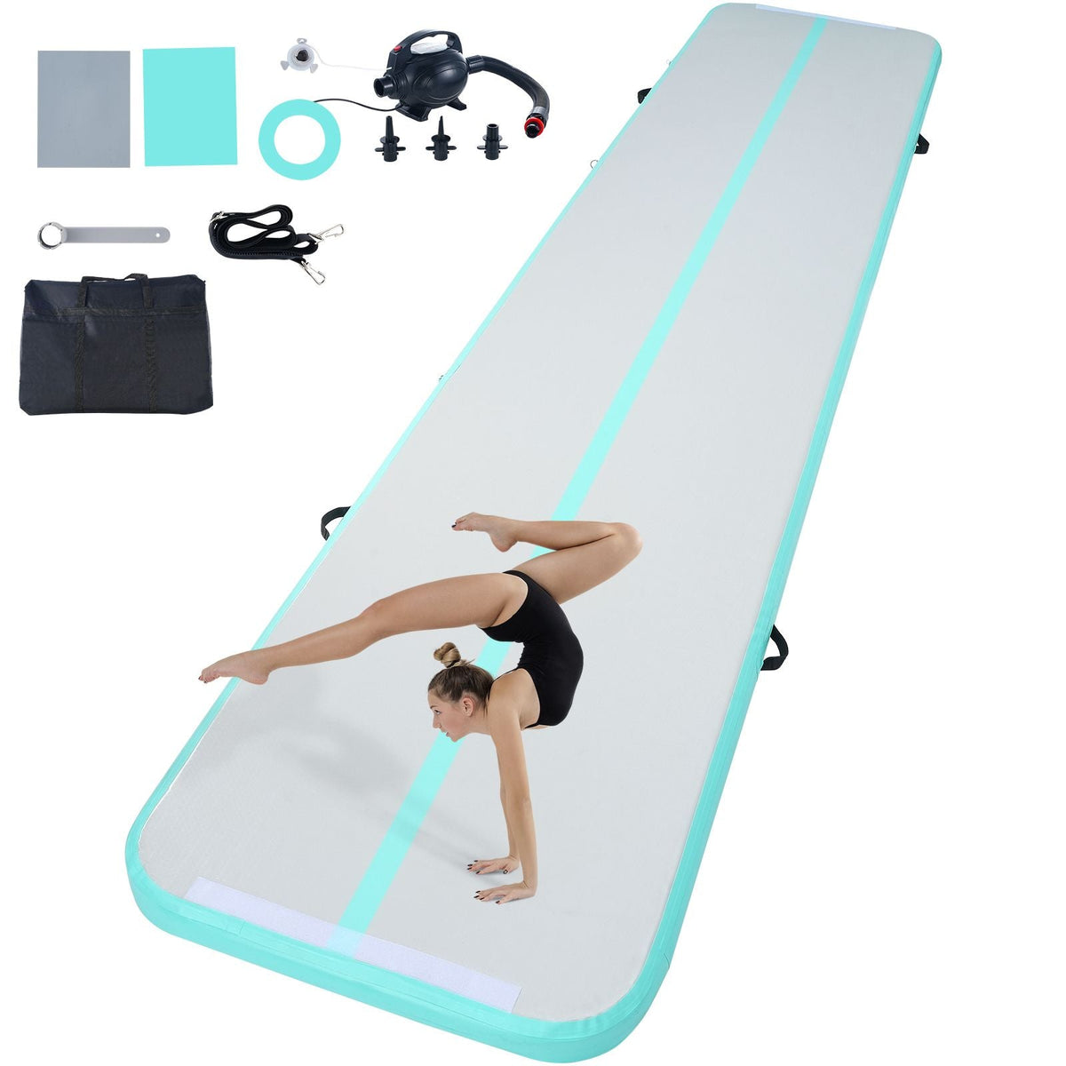 Gymnastics Air Mat, 4 inch Thickness Inflatable Gymnastics Tumbling Mat, Tumble Track with Electric Pump, Training Mats for Home Use/Gym/Yoga/Cheerleading/Beach/Park/Water, 16 ft, Mint Green