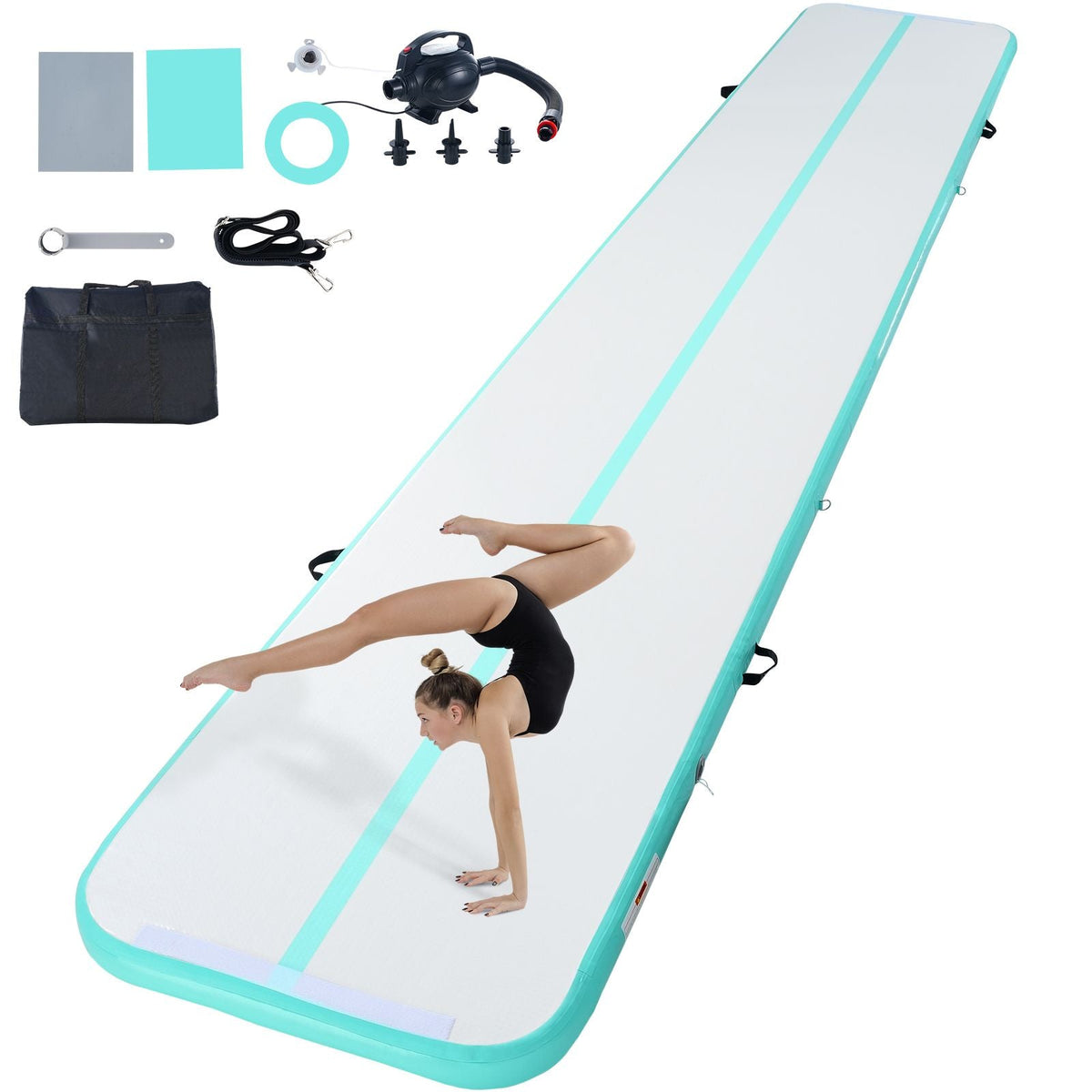 Gymnastics Air Mat, 4 inch Thickness Inflatable Gymnastics Tumbling Mat, Tumble Track with Electric Pump, Training Mats for Home Use/Gym/Yoga/Cheerleading/Beach/Park/Water, 20 ft, Mint Green