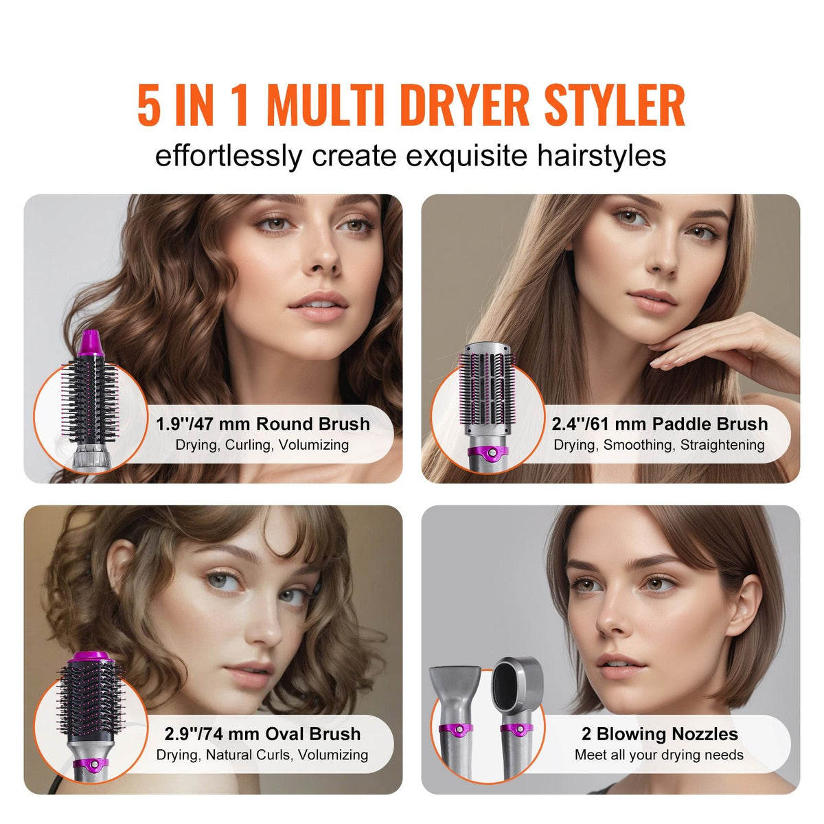 Hair Air Styler and Dryer Brush, 5-in-1 Multi Hair Styler, Ionic Blow Dryer Brush with 3 Heat Settings, 3 Brushes & 2 Nozzles, High-Speed Hair Styling Tool for Volumizing Straightening Curling