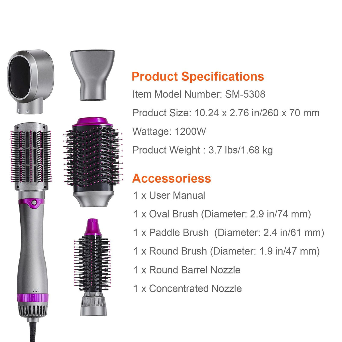 Hair Air Styler and Dryer Brush, 5-in-1 Multi Hair Styler, Ionic Blow Dryer Brush with 3 Heat Settings, 3 Brushes & 2 Nozzles, High-Speed Hair Styling Tool for Volumizing Straightening Curling