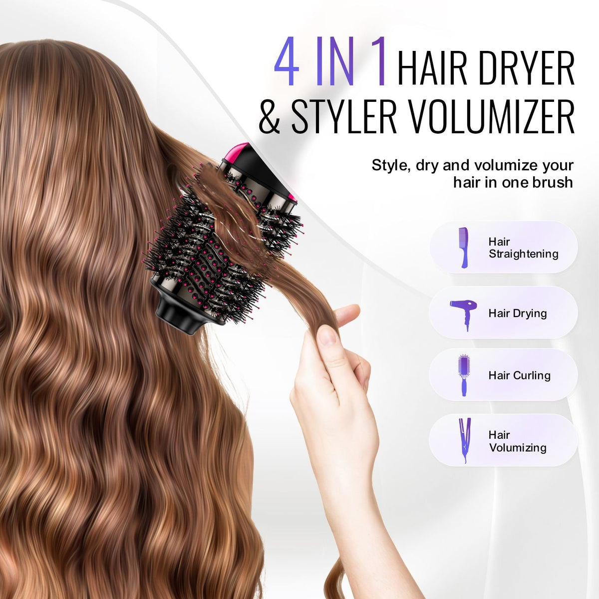 Hair Blow Dryer Brush, 4 in 1 Ionic Hair Dryer Styler and Volumizer with Electroplated Titanium & 2.95" Ceramic Coating Oval Barrel, 3-Temp Hot Air Styling Brush for Drying Straightening Curling