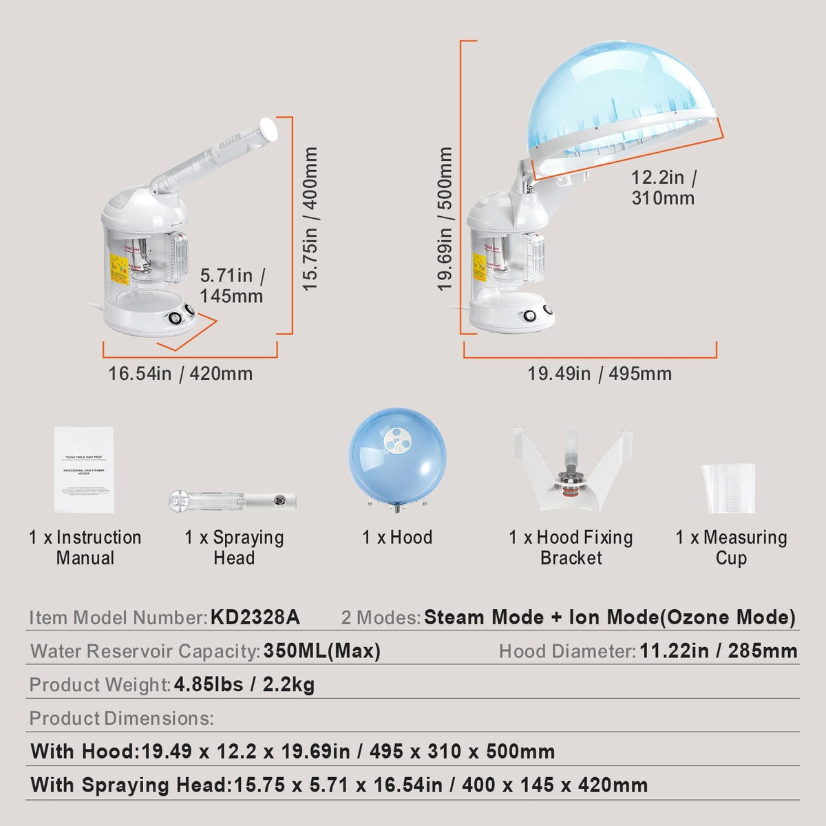 Hair Steamer, 2-in-1 Professional Hair & Facial Steamer with Detachable Bonnet Hood, Nano Ionic & UV Ozone Face Steamer with 360° Rotatable Sprayer for Salon Spa Home Beauty