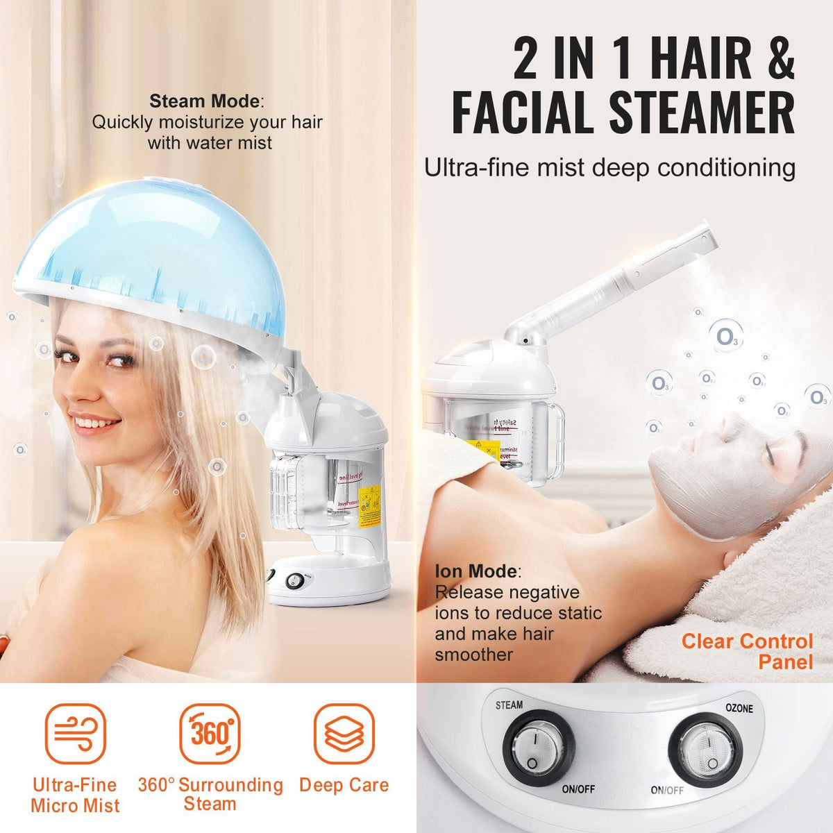 Hair Steamer, 2-in-1 Professional Hair & Facial Steamer with Detachable Bonnet Hood, Nano Ionic & UV Ozone Face Steamer with 360° Rotatable Sprayer for Salon Spa Home Beauty
