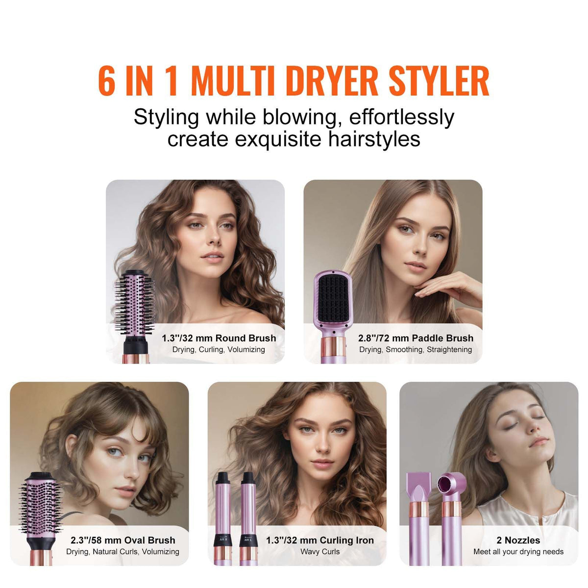 Hair Styler and Dryer Brush, 6-in-1 Multi Air Styler, 110,000RPM High-Speed Ionic Blow Dryer Brush with Brushless Motor, 2 Auto-Wrap Curlers, 3 Brush & 2 Nozzles, Styling Tool for All Hair Type