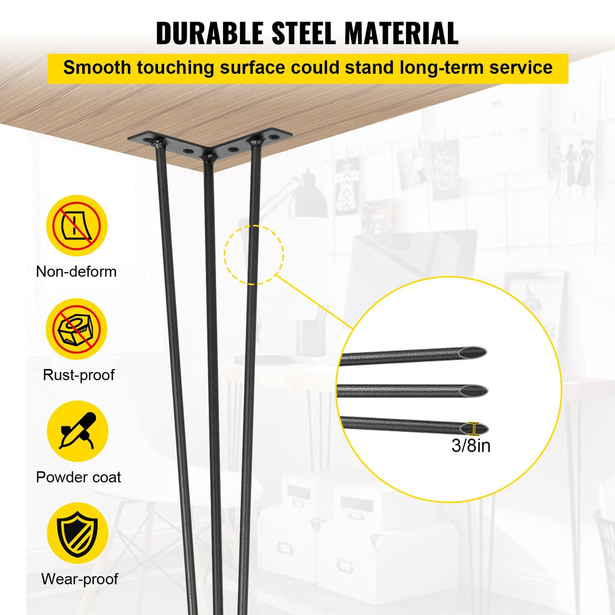 Hairpin Table Legs 26\" Black Set of 4 Desk Legs 880lbs Load Capacity (Each 220lbs) Hairpin Desk Legs 3 Rods for Bench Desk Dining End Table Chairs Carbon Steel DIY Heavy Duty Furniture Legs